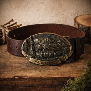 1970s Ambio Leather Belt Mt Rainier Washington Brass Buckle USA